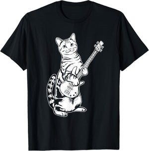Funny Cat Playing Bass Cool Musician Women Girls Kids T-Shirt - T-Shirt | Black