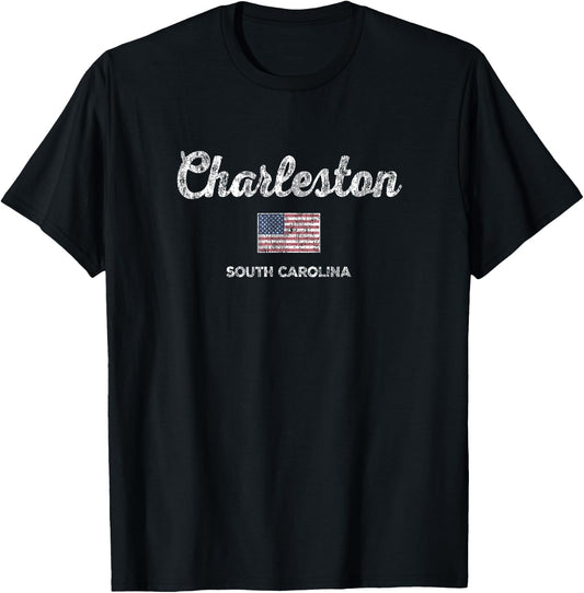 Charleston SC Vintage Sports Script Flag T-Shirt - T-Shirt | Black