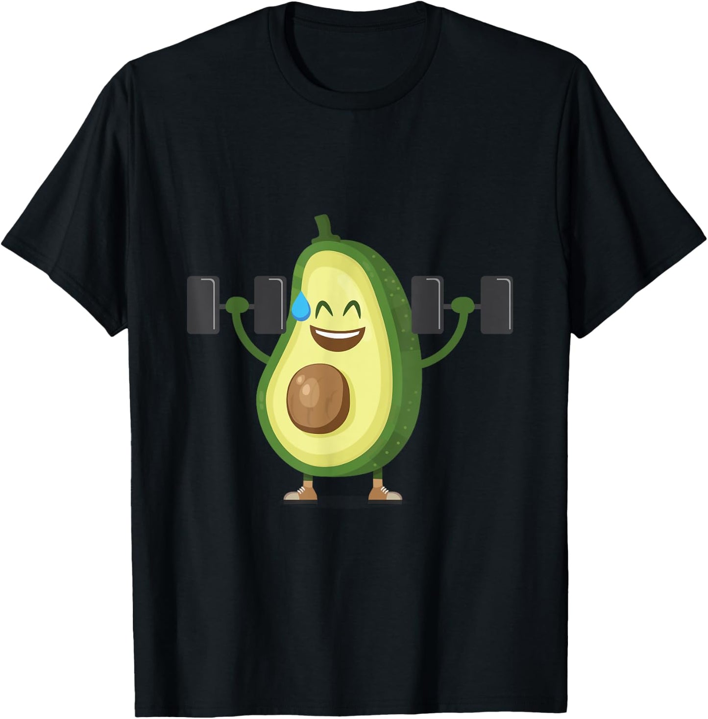 Happy Avocado Lifting Weights Workout, Funny Cartoon T-Shirt - T-Shirt | Black