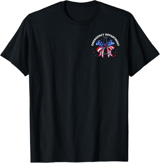 2 Side Emergency Department 4th of July ER Nurse US Flag Bow T-Shirt - T-Shirt | Black