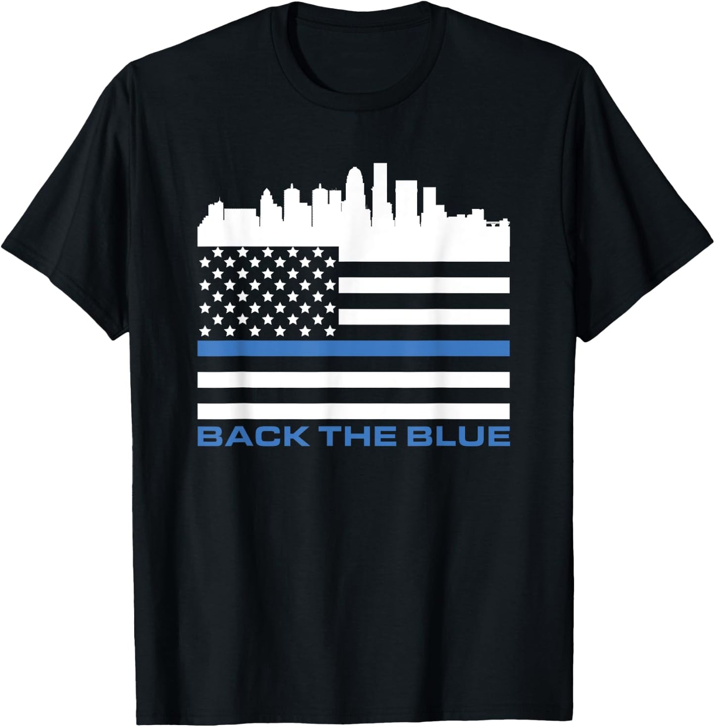 Thin Blue Line Shirt - Louisville Police USA Flag Skyline T-Shirt - T-Shirt | Black