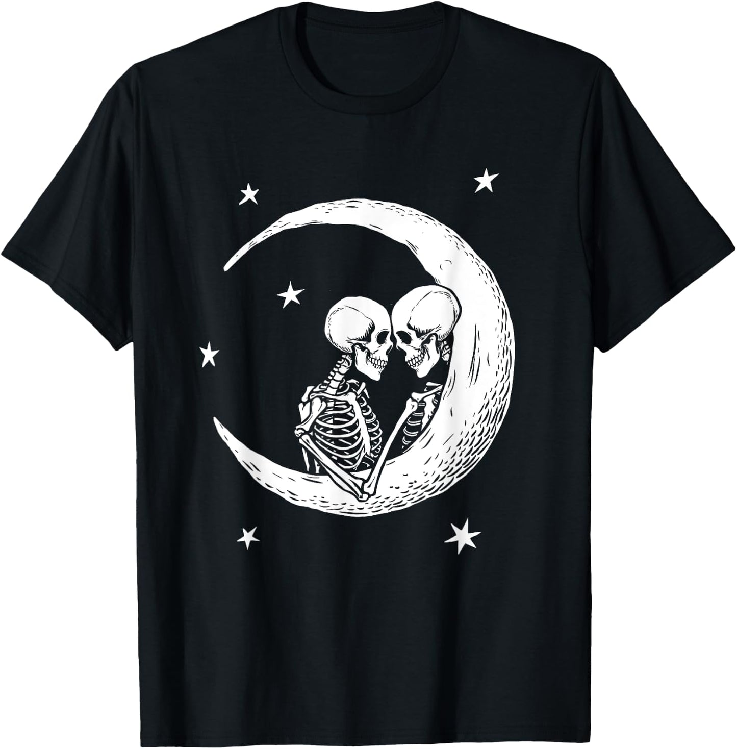 Two Skeletons In Love On The Moon Cute Fall Fashion T-Shirt - T-Shirt | Black