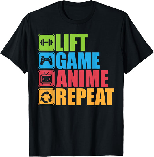 Lift, Anime, Game, Repeat - Gym For Geeks and Nerds T-Shirt - T-Shirt | Black