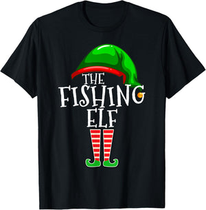 Fishing Elf Family Matching Group Christmas Gift Dad Pops T-Shirt - T-Shirt | Black