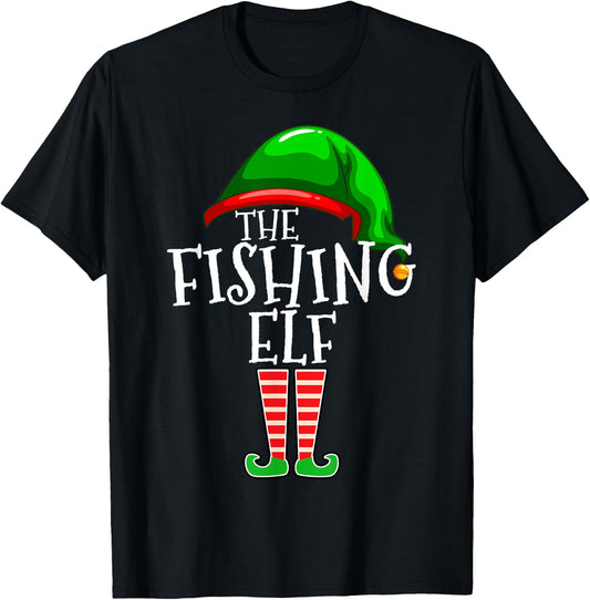 Fishing Elf Family Matching Group Christmas Gift Dad Pops T-Shirt - T-Shirt | Black
