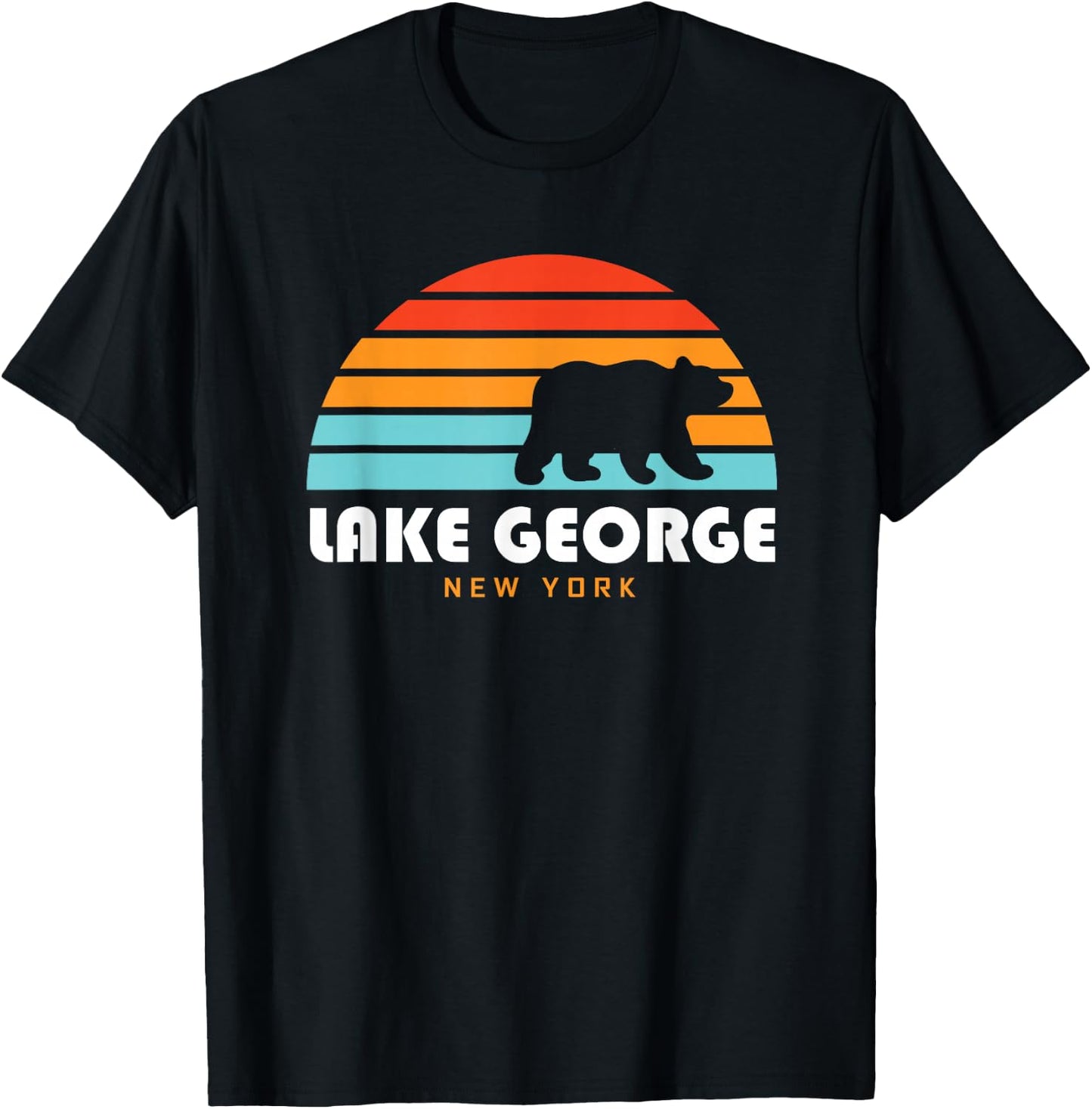 Lake George NY Adirondacks Retro Sunset Bear T-Shirt - T-Shirt | Black