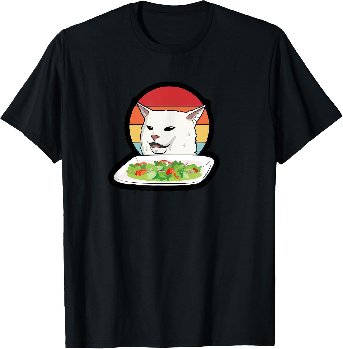 Funny Woman Yelling at Confused Cat Dinner Table Salad Meme T-Shirt - T-Shirt | Black