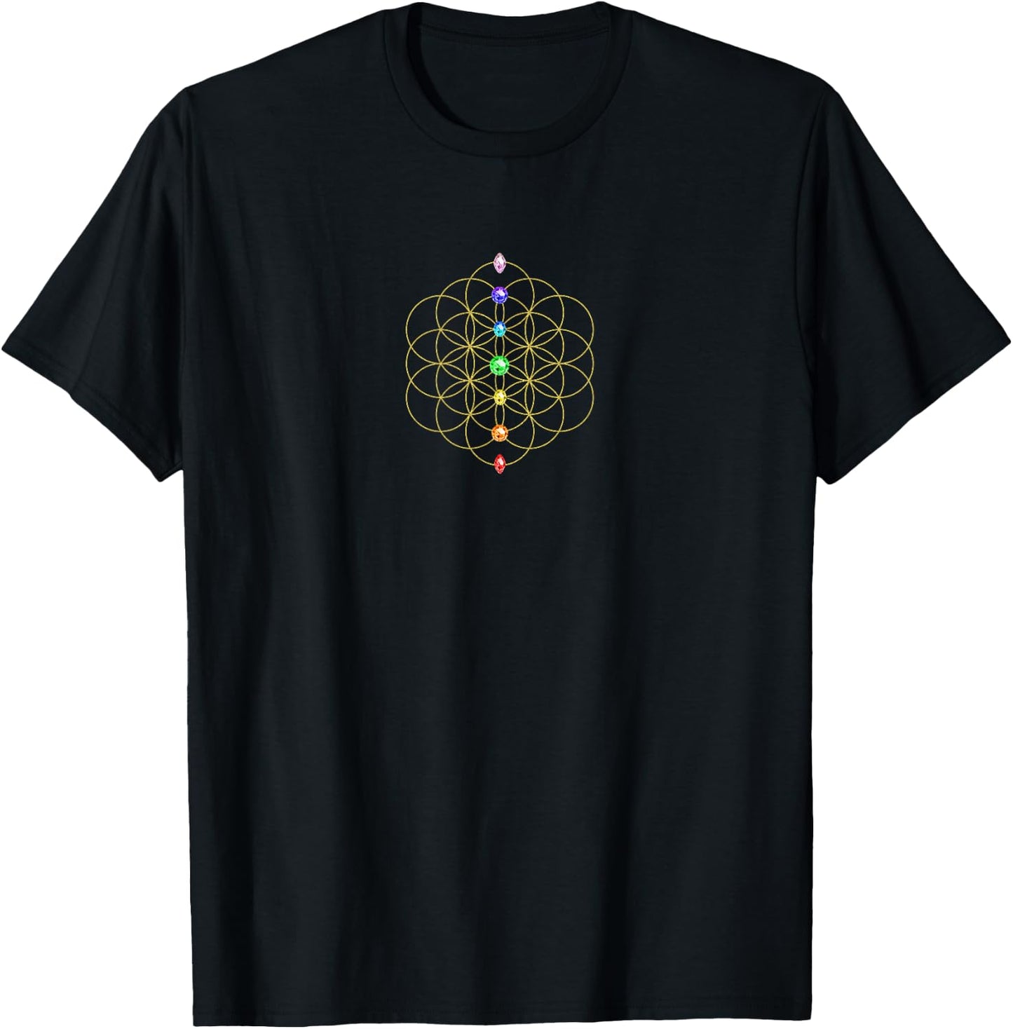 Flower of Life 7 Chakra Stones Holy Geometry Symbol T-Shirt - T-Shirt | Black