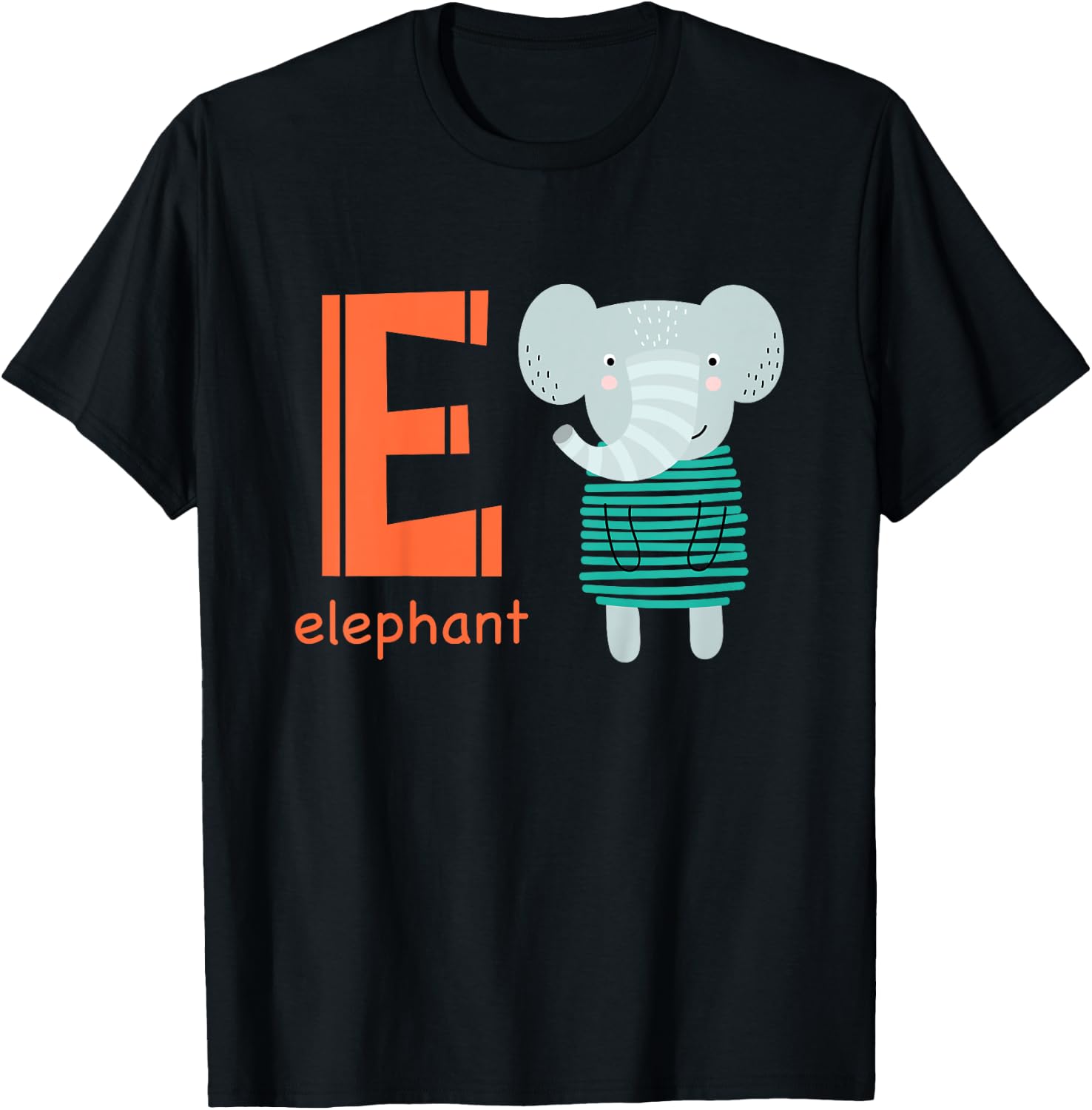 Elephant Letter E Alphabet Cute Animal Boys Or Girls T-Shirt - T-Shirt | Black
