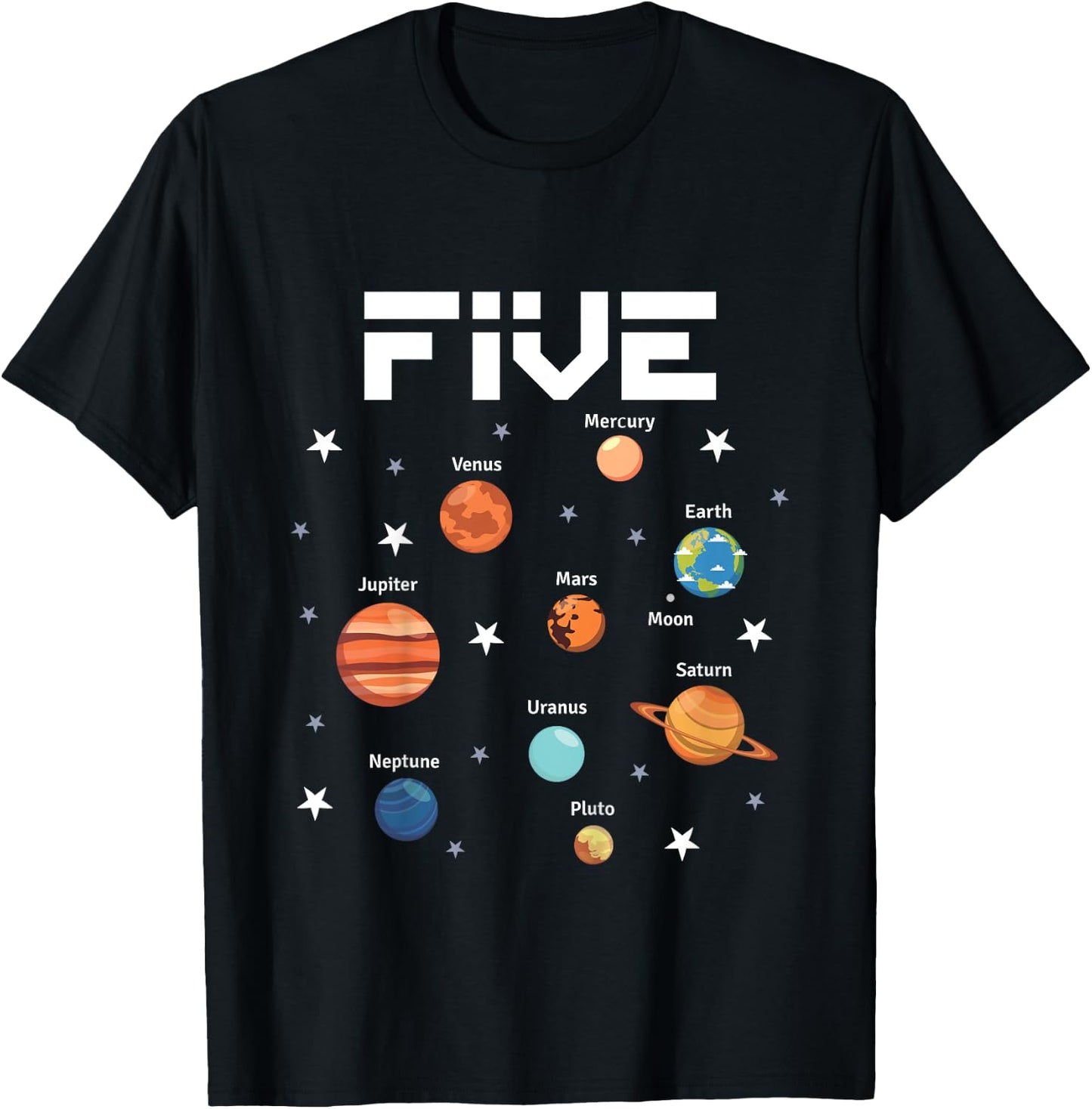 5 Year Old Outer Space Birthday Party Solar Planets 5th Gift T-Shirt - T-Shirt | Black