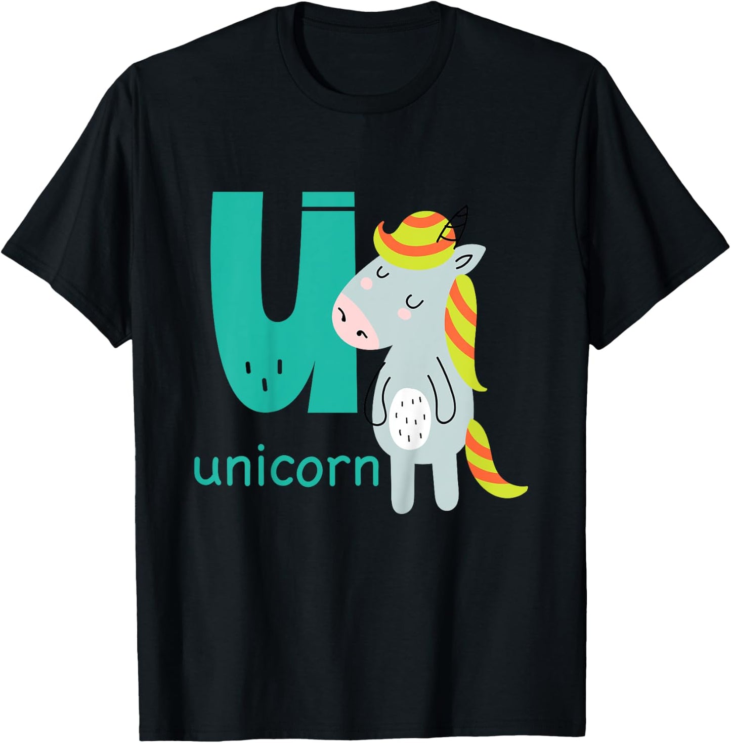 Unicorn Letter U Alphabet Cute Animal Boys Or Girls T-Shirt - T-Shirt | Black