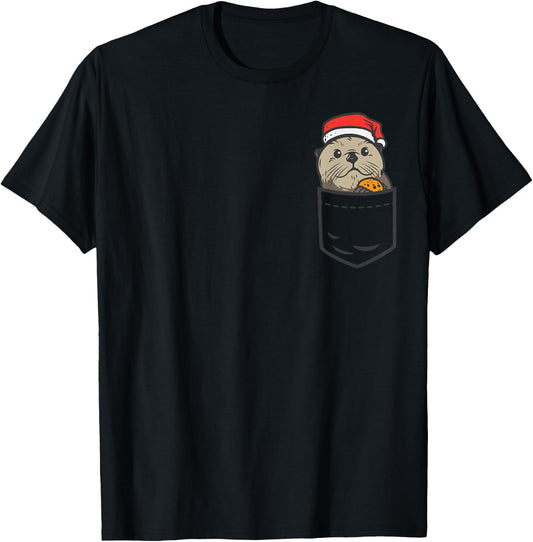 Pocket Sea Otter Santa Cookie Cute Animal Christmas Pet Gift T-Shirt - T-Shirt | Black