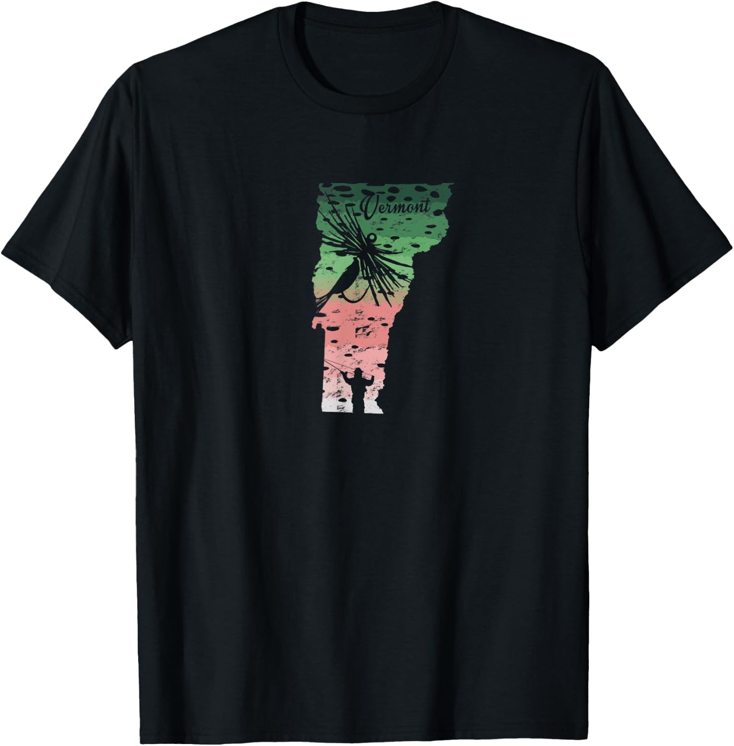 Vintage Big Fly Rainbow Trout Vermont Map Fly Fishing T-Shirt - T-Shirt | Black
