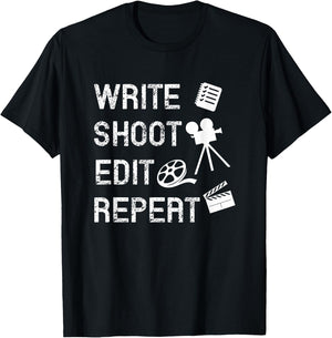 Write Shoot Edit Repeat Movie Filmmaker T-Shirt - T-Shirt | Black