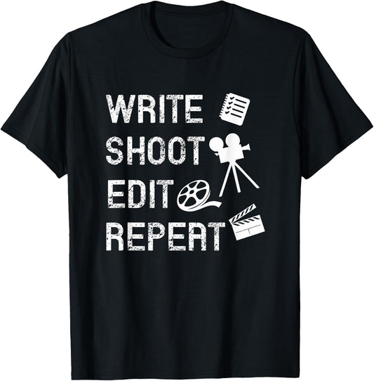 Write Shoot Edit Repeat Movie Filmmaker T-Shirt - T-Shirt | Black