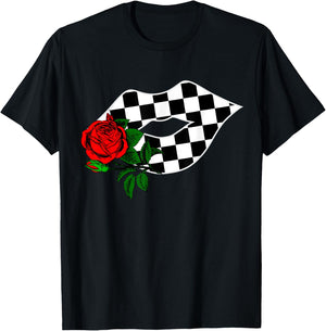 Checkered Lips Kiss With Red Rose Flower Racing T-Shirt - T-Shirt | Black