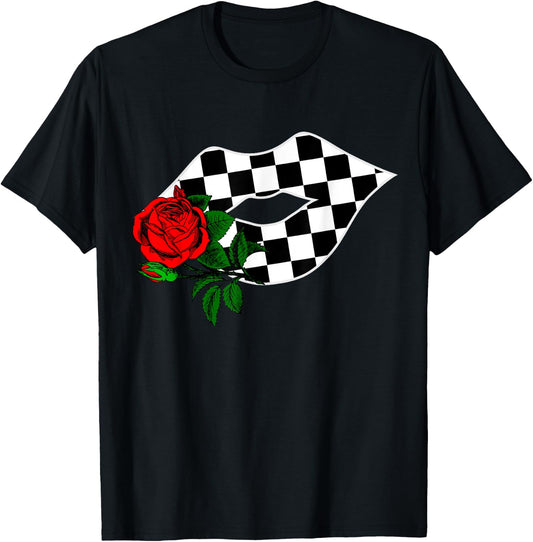 Checkered Lips Kiss With Red Rose Flower Racing T-Shirt - T-Shirt | Black