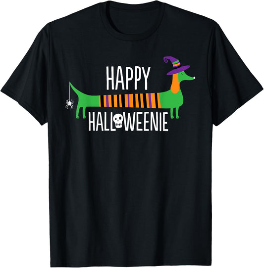 Happy Halloweenie Cute Viennese Dog Dachshund Halloween T-Shirt - T-Shirt | Black