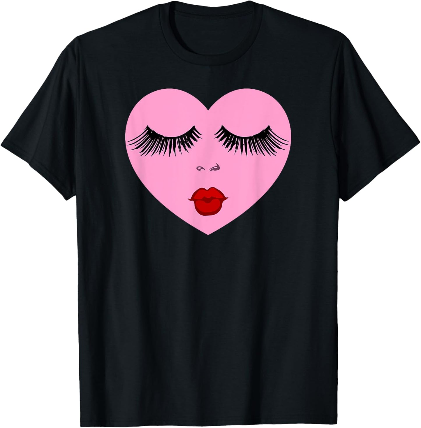 Pink Lady Heart with Eyelashes Valentines Day Kiss T-Shirt - T-Shirt | Black