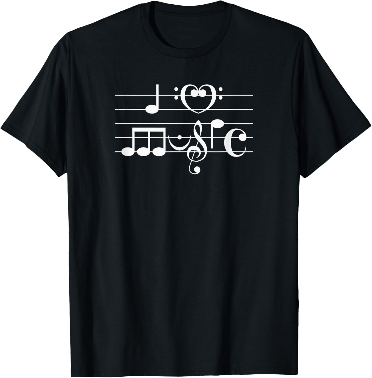 I Love Music Spelled Out In Musical Symbols White Print T-Shirt - T-Shirt | Black