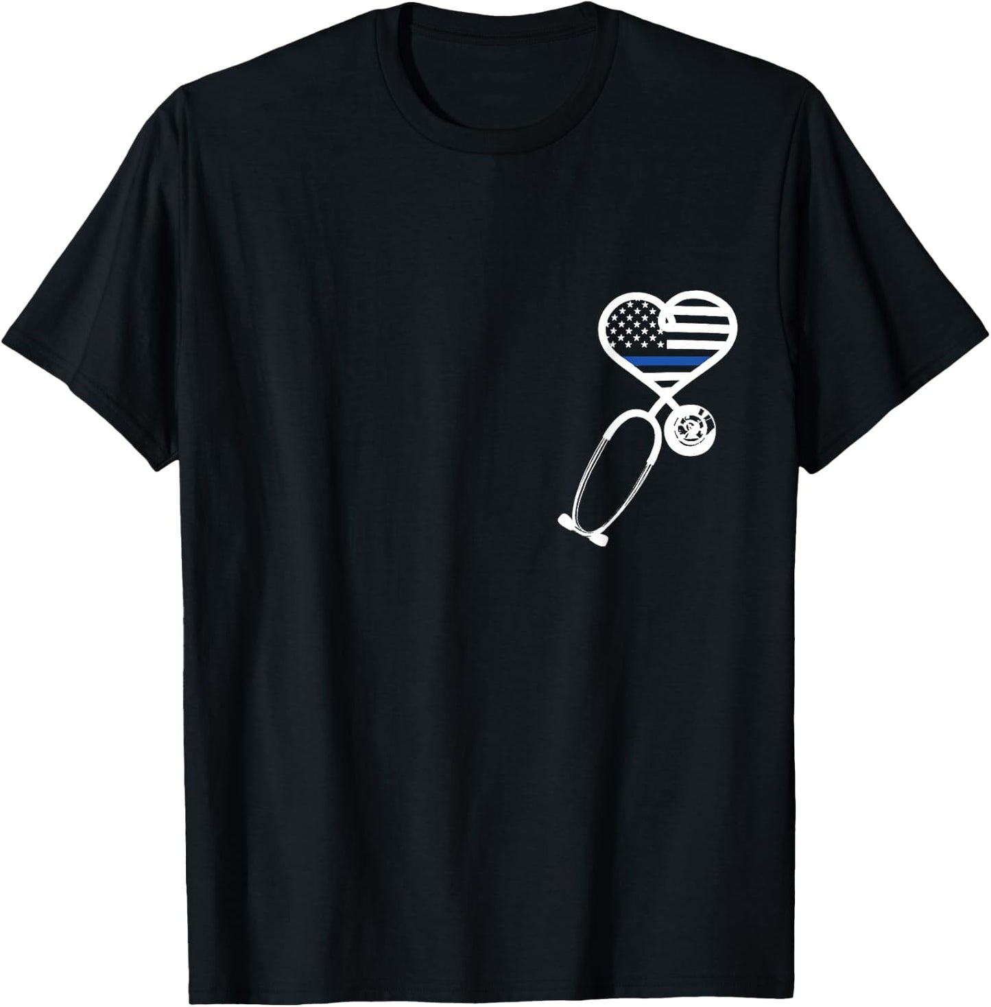 Nurse Police Wife Officer Thin Blue Line Heart Flag T-Shirt - T-Shirt | Black