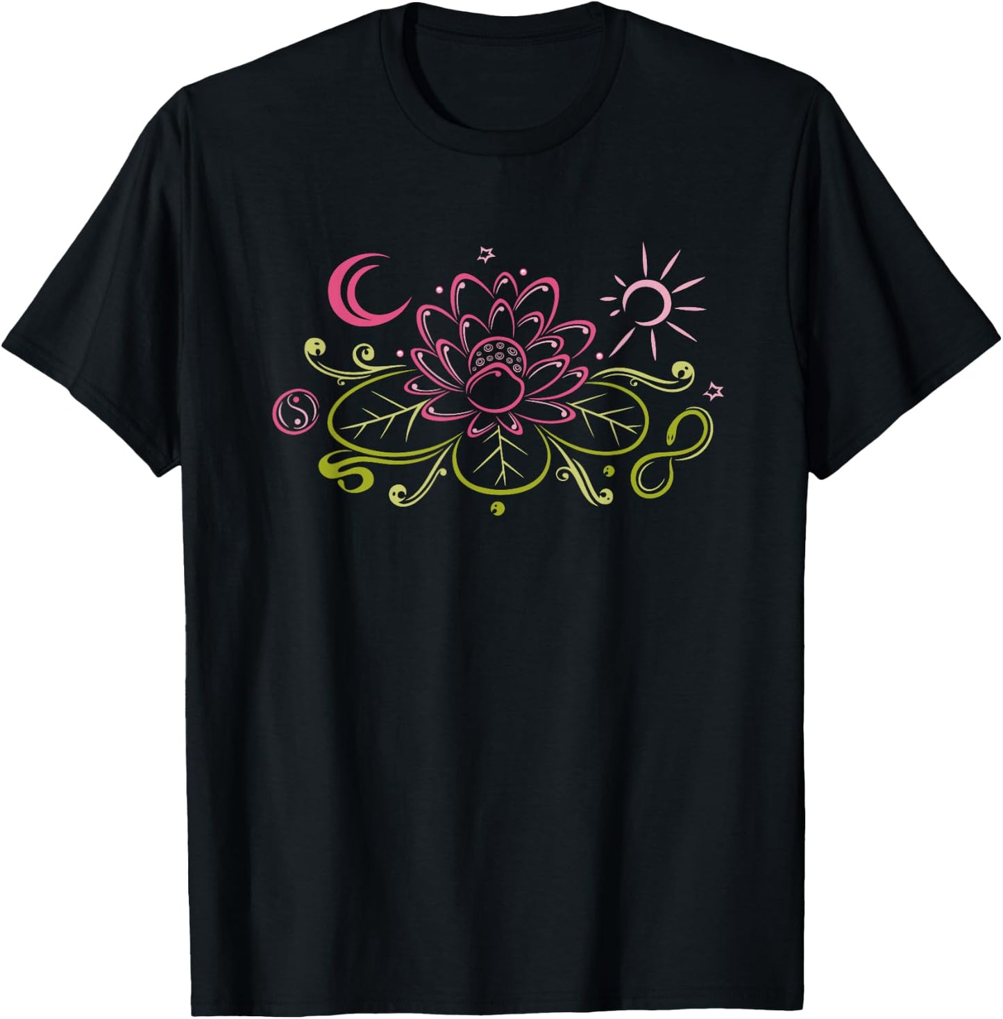 Lotus flower . Lotus with moon, yin yang and sun. T-Shirt - T-Shirt | Black