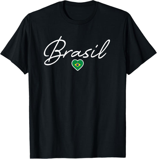 Brasil Souvenir Retro Brazil Flag Heart Cursive Girls T-Shirt - T-Shirt | Black
