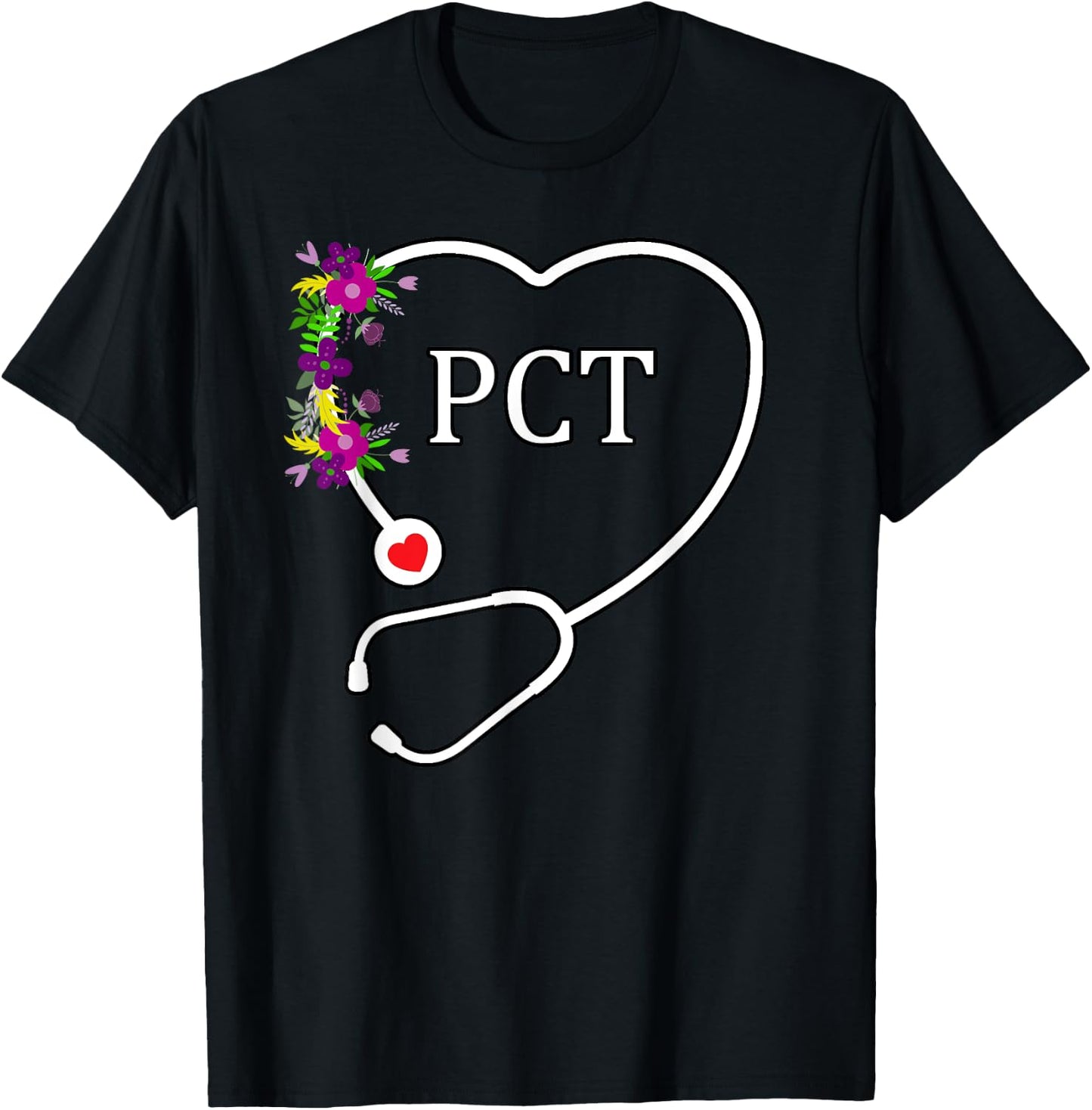 PCT Patient Care Technician Tech Floral Heart Stethoscope T-Shirt - T-Shirt | Black