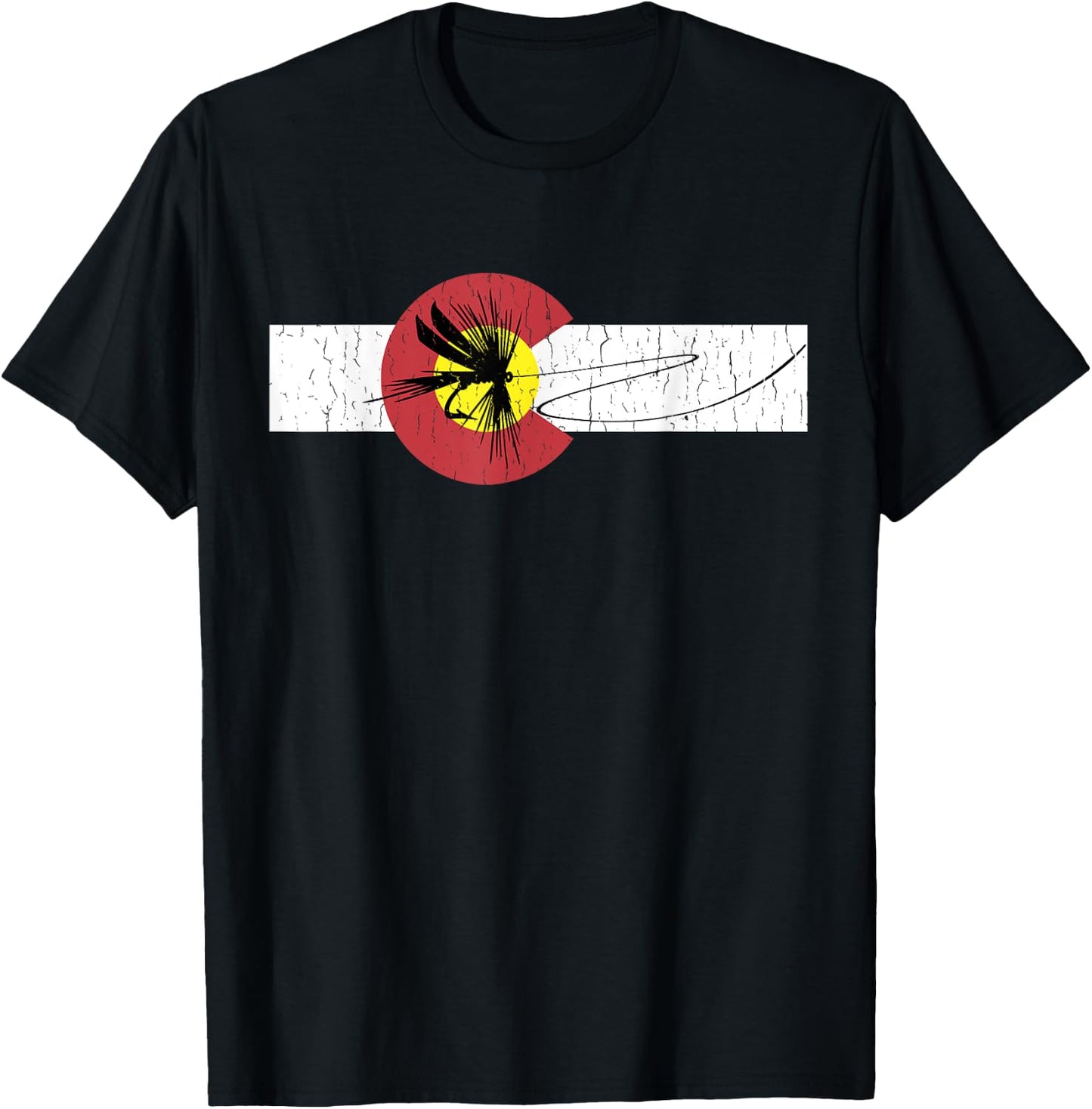 Colorado Flag with Fly Fishing Design T-Shirt - T-Shirt | Black