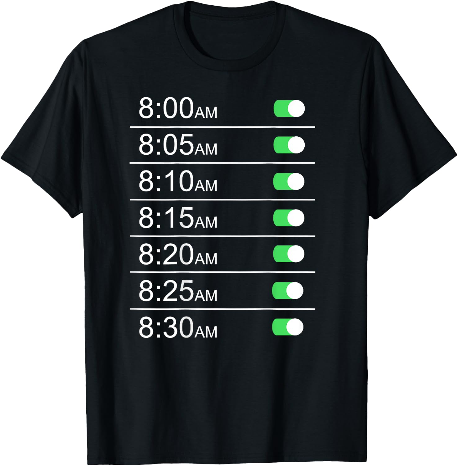 Alarm Clock Timings (Back) Funny Snooze Humor T-Shirt - T-Shirt | Black