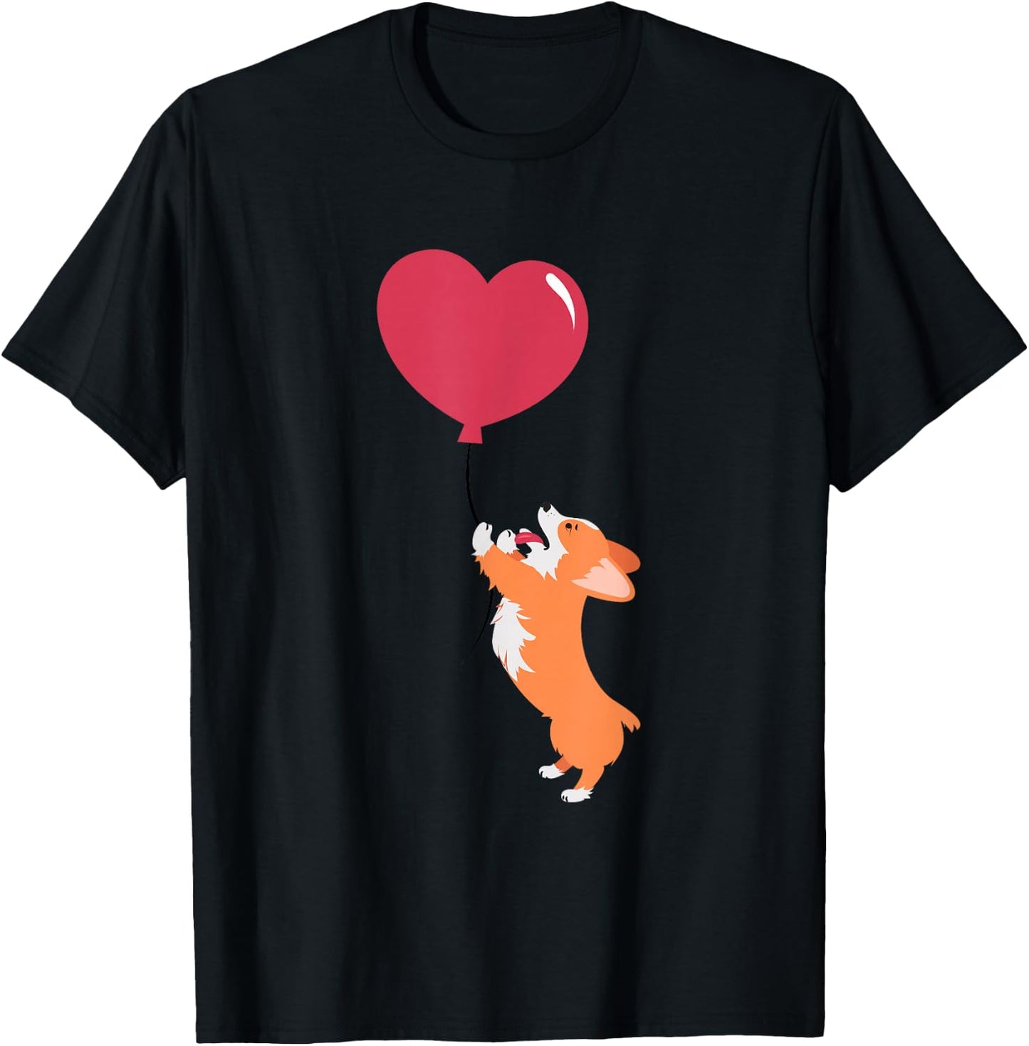 ROSS BOSS Cute Corgi Puppy Dog Holding A Valentines Balloon -Adults Kids Black Short Sleeve Valentine's Day Dog Themed T-Shirt - T-Shirt | Black