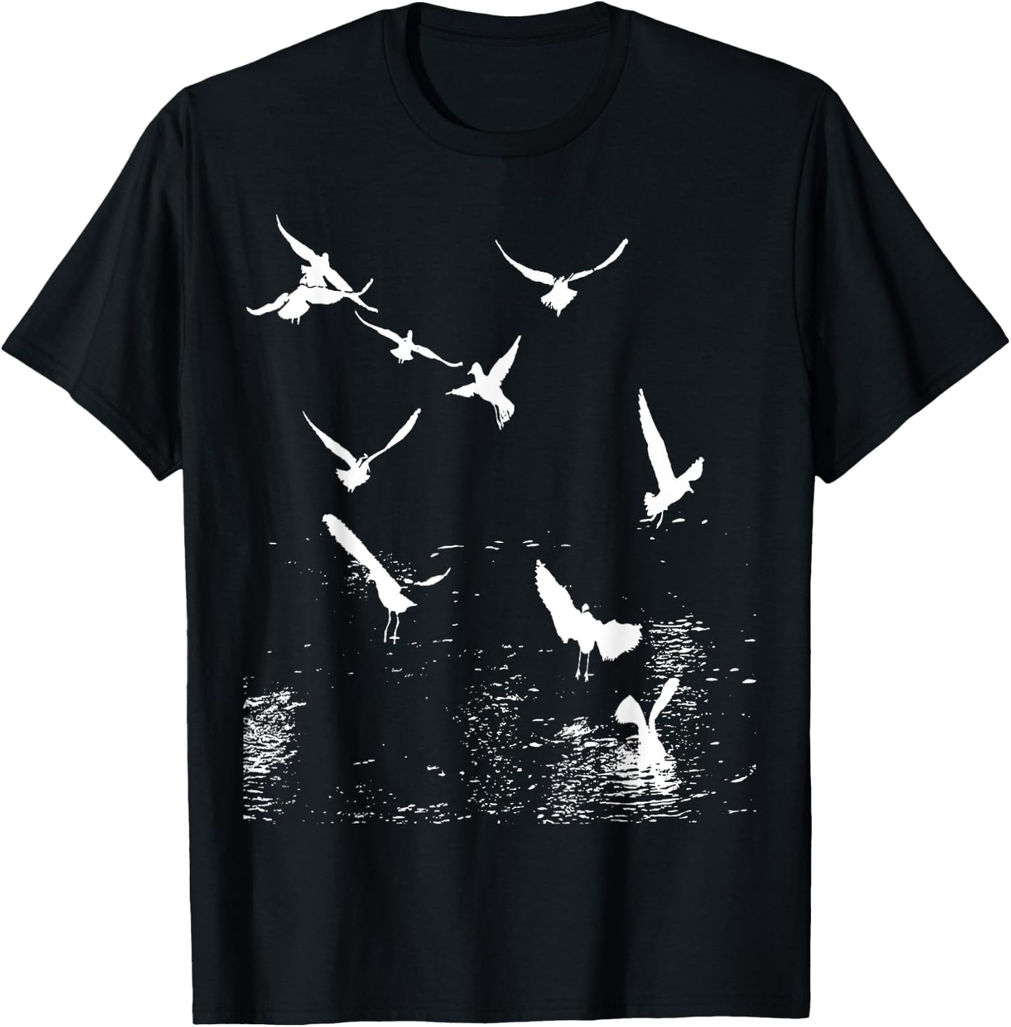 White Silhouette Of A Flock Of Seagulls Over Water T-Shirt - T-Shirt | Black