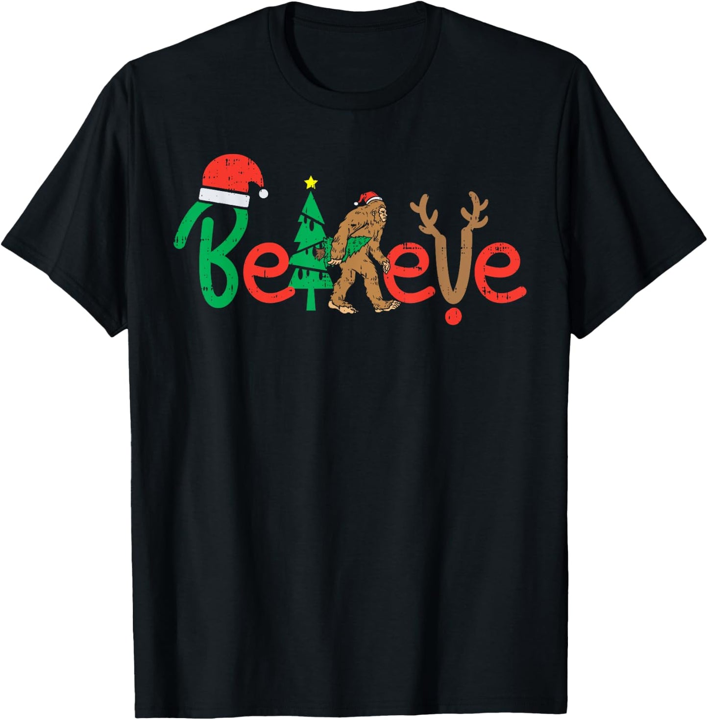 Believe Bigfoot Sasquatch Santa Reindeer Christmas Tree Gift T-Shirt - T-Shirt | Black
