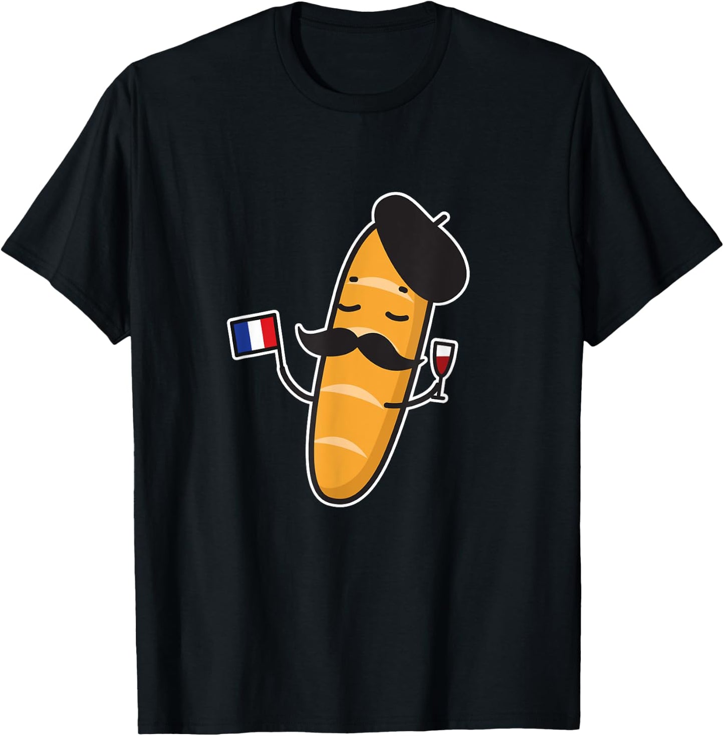 French Baguette Holding A French Flag And Wine Glass Shirt T-Shirt - T-Shirt | Black