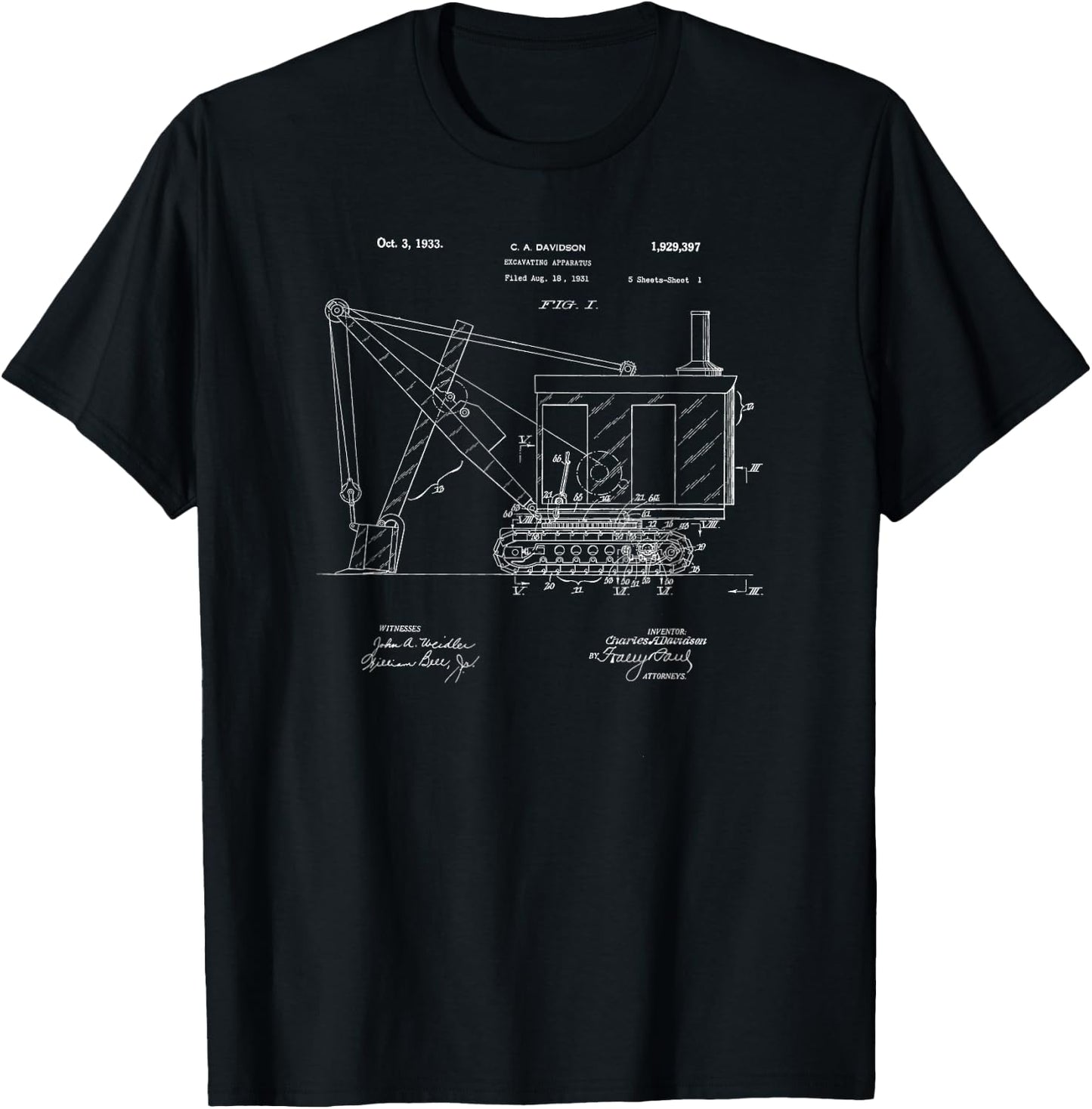 Vintage 1933 Construction Excavator Patent Print Gift T-Shirt - T-Shirt | Black