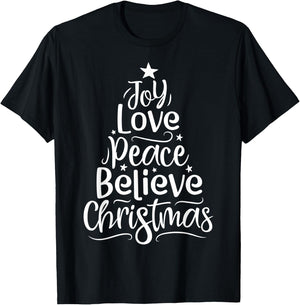 Joy Love Peace Believe Christmas Boys Kids Girls Xmas Tree T-Shirt - T-Shirt | Black