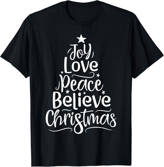 Joy Love Peace Believe Christmas Boys Kids Girls Xmas Tree T-Shirt - T-Shirt | Black