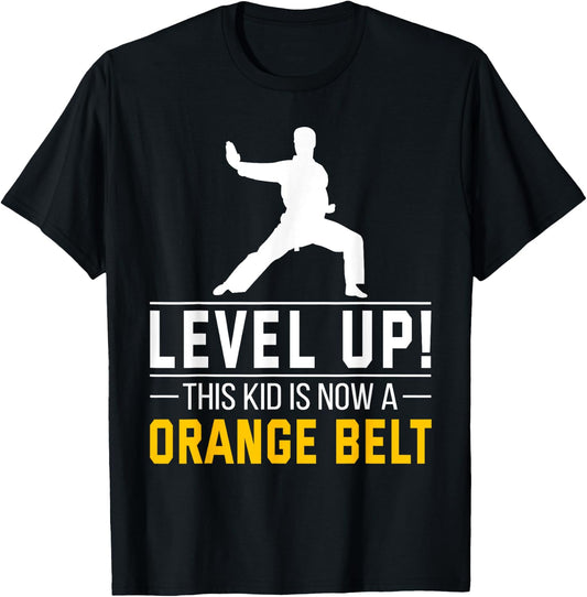 Level Up! This Kid is Now a Orange Belt Karate Award Gift T-Shirt - T-Shirt | Black