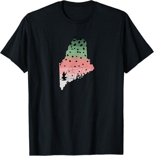Vintage Fish Maine State Map ME Fly Fishing Rainbow Trout T-Shirt - T-Shirt | Black