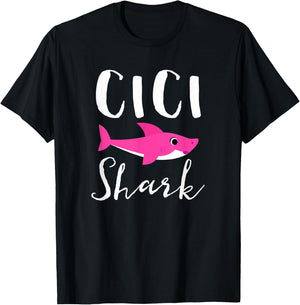 Cici Shark Grandma Grandmother Pink Shark Graphic T-Shirt - T-Shirt | Black
