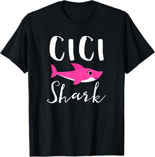 Cici Shark Grandma Grandmother Pink Shark Graphic T-Shirt - T-Shirt | Black
