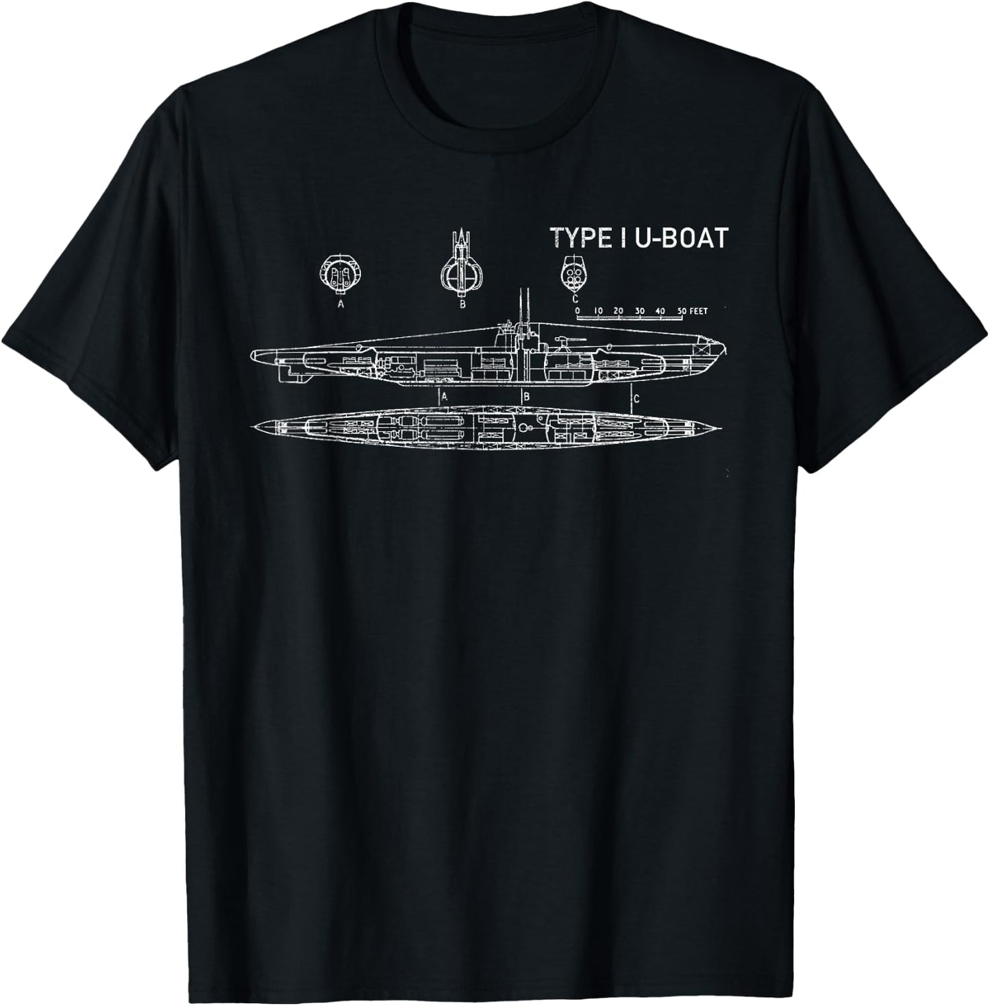 Type I U-boat WWII German Submarine Blueprints T-Shirt - T-Shirt | Black