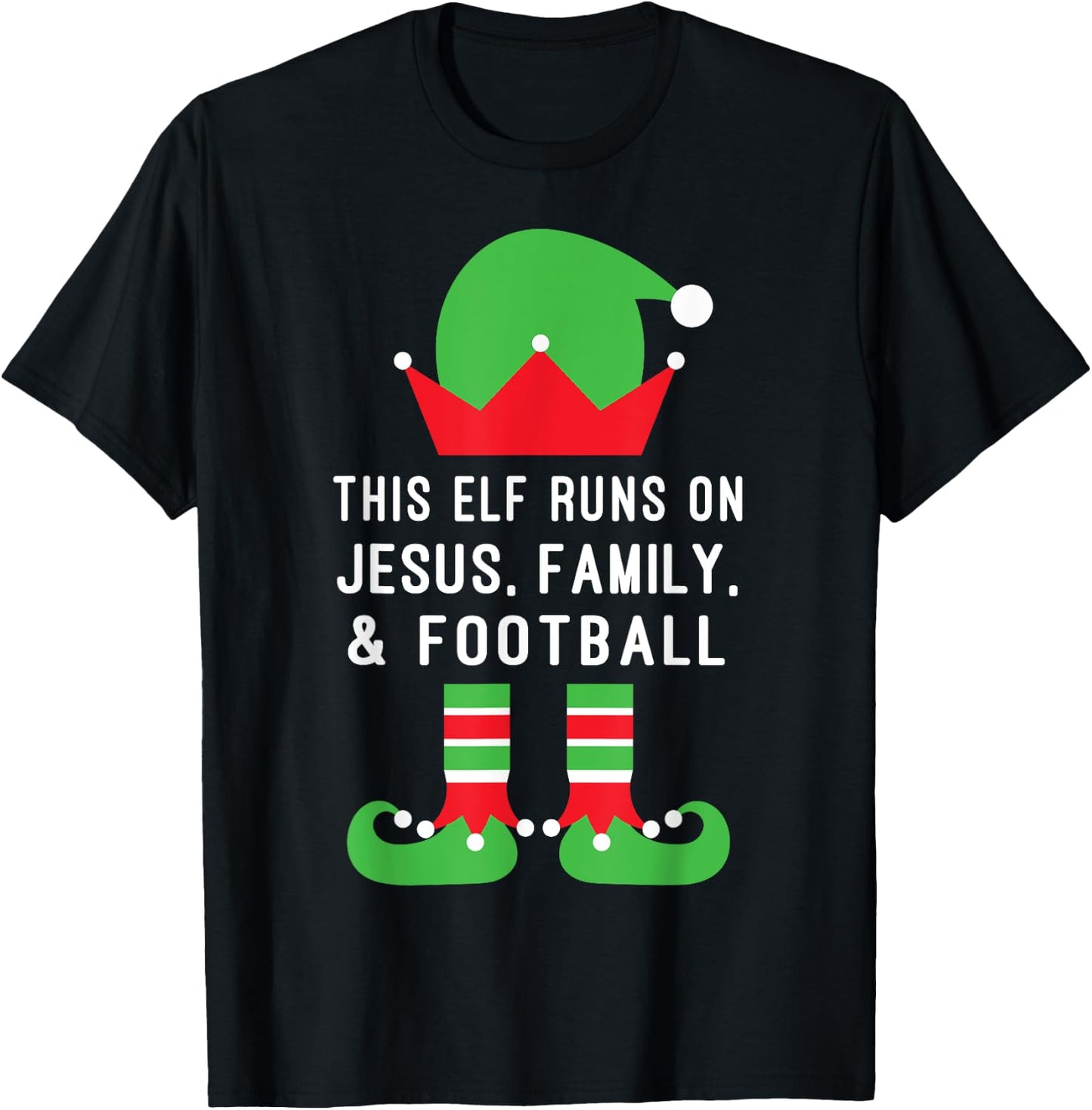 This Elf Runs On Jesus,Family, Football Christian Christmas T-Shirt - T-Shirt | Black