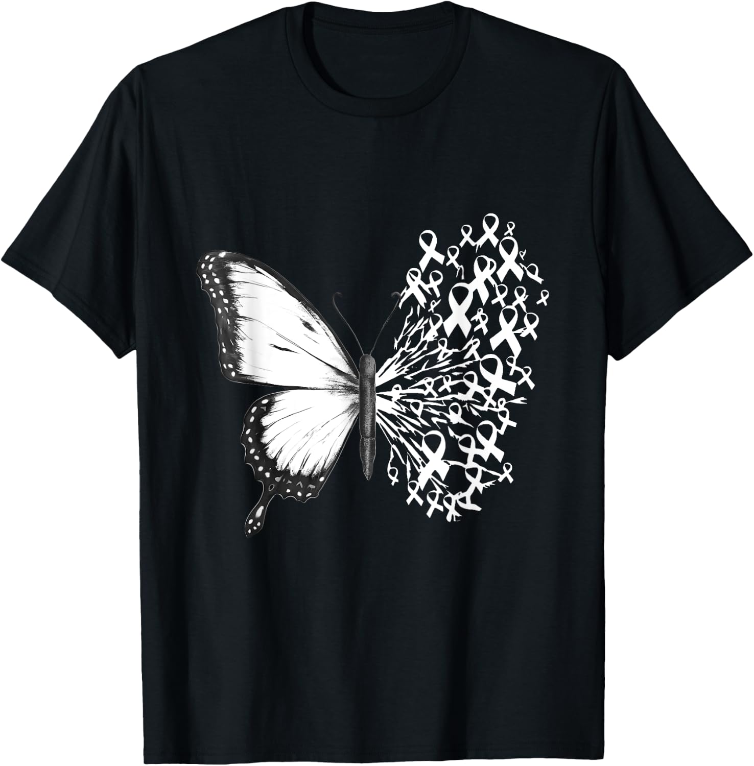 Butterfly white Ribbon Lung Cancer Awareness T-Shirt - T-Shirt | Black