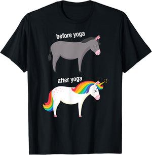 Before and After Yoga Funny Unicorn illustration Design T-Shirt - T-Shirt | Black