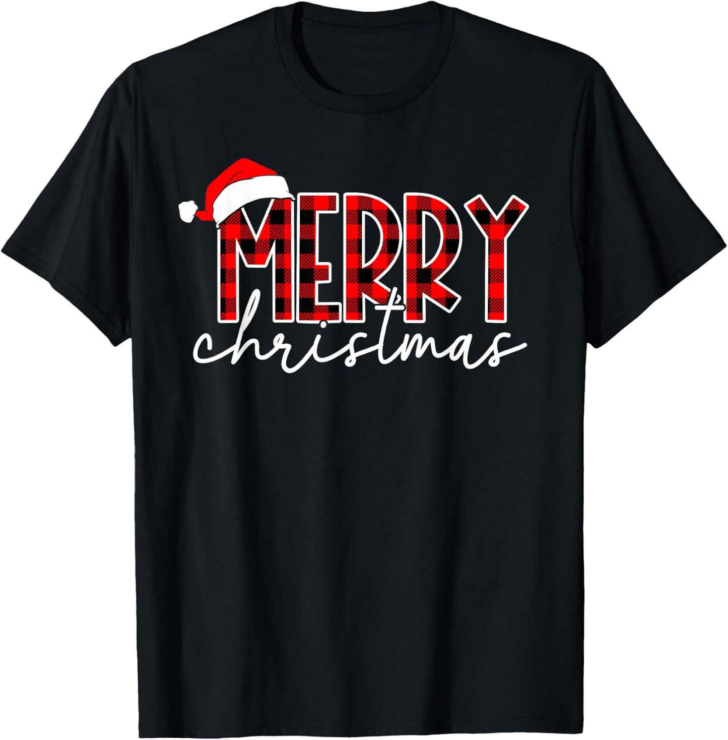 Merry Christmas Buffalo Plaid Red Santa Hat Xmas Pajamas T-Shirt - T-Shirt | Black