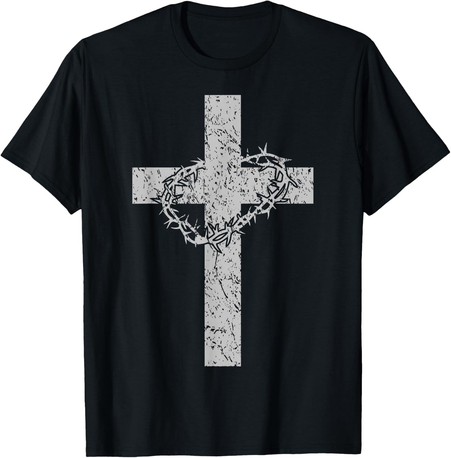 Vintage Distressed Cross & Crown of Thorns Christian T-Shirt - T-Shirt | Black