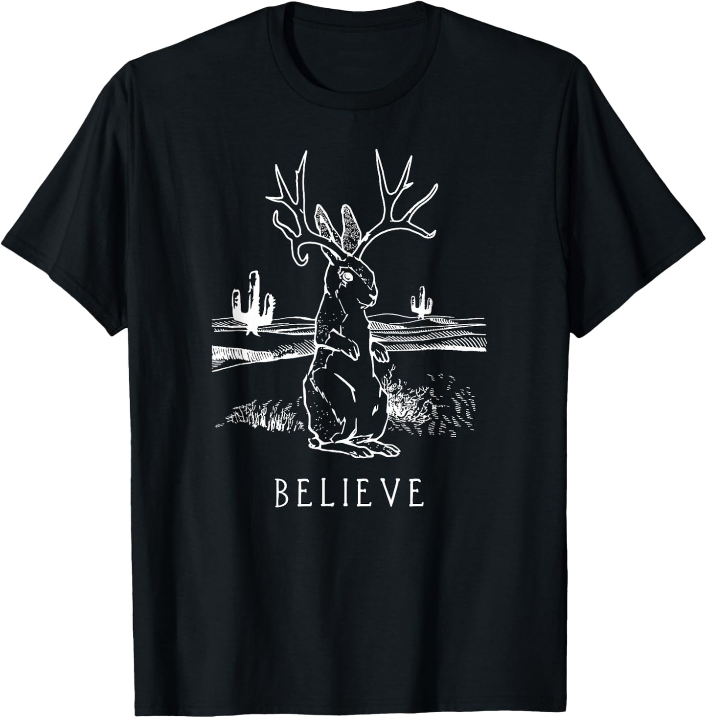 Believe Jackalope T Shirt, Cryptid Rabbit Bunny Apparel T-Shirt - T-Shirt | Black
