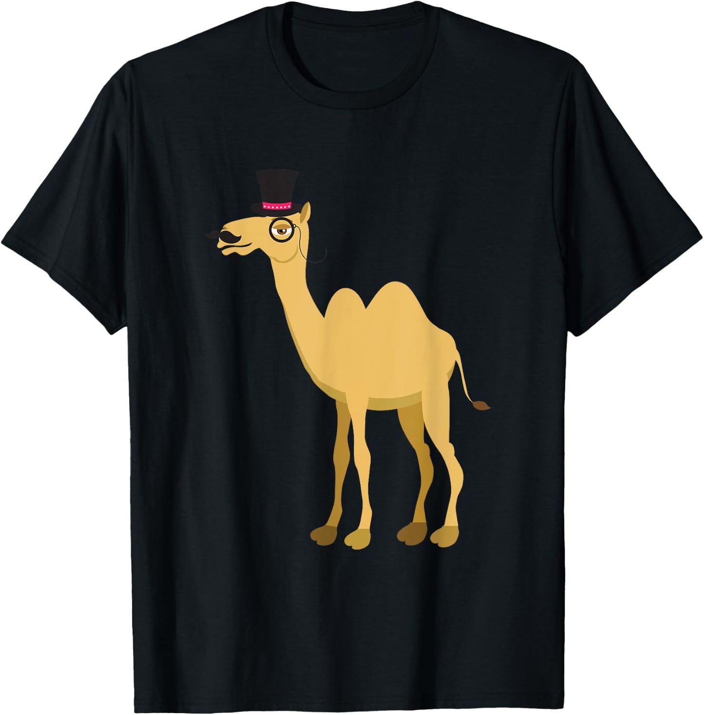 Mr Camel With Curly Retro Moustache, Hat And Monocle T-Shirt - T-Shirt | Black