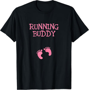 Running Buddy Funny Cute Pregnancy Announcement Pink Text T-Shirt - T-Shirt | Black